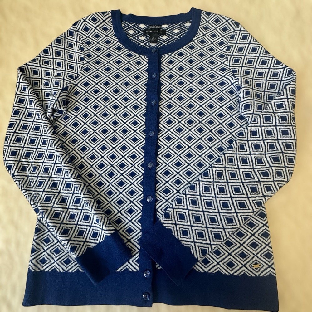 Tommy Hilfiger Cardigan Sweater Small  Pima Cotton Royal Blue White‎ Geometric